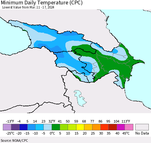 Azerbaijan, Armenia and Georgia Minimum Daily Temperature (CPC) Thematic Map For 3/11/2024 - 3/17/2024