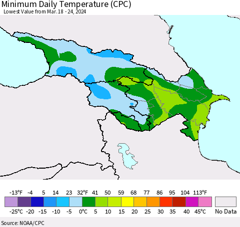 Azerbaijan, Armenia and Georgia Minimum Daily Temperature (CPC) Thematic Map For 3/18/2024 - 3/24/2024