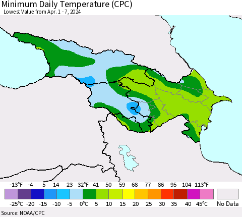 Azerbaijan, Armenia and Georgia Minimum Daily Temperature (CPC) Thematic Map For 4/1/2024 - 4/7/2024