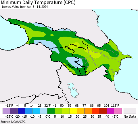 Azerbaijan, Armenia and Georgia Minimum Daily Temperature (CPC) Thematic Map For 4/8/2024 - 4/14/2024