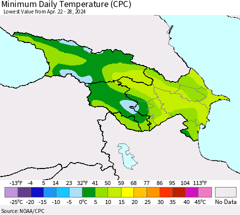 Azerbaijan, Armenia and Georgia Minimum Daily Temperature (CPC) Thematic Map For 4/22/2024 - 4/28/2024