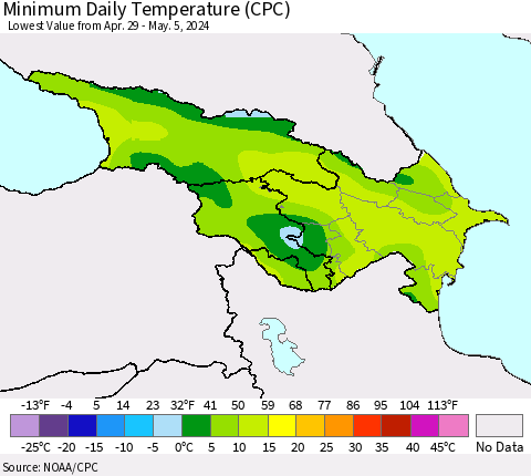 Azerbaijan, Armenia and Georgia Minimum Daily Temperature (CPC) Thematic Map For 4/29/2024 - 5/5/2024