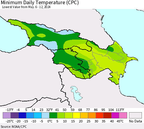 Azerbaijan, Armenia and Georgia Minimum Daily Temperature (CPC) Thematic Map For 5/6/2024 - 5/12/2024
