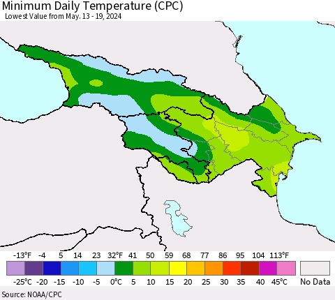 Azerbaijan, Armenia and Georgia Minimum Daily Temperature (CPC) Thematic Map For 5/13/2024 - 5/19/2024