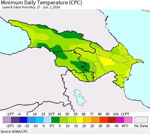 Azerbaijan, Armenia and Georgia Minimum Daily Temperature (CPC) Thematic Map For 5/27/2024 - 6/2/2024