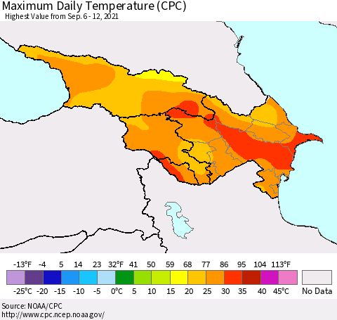Azerbaijan, Armenia and Georgia Maximum Daily Temperature (CPC) Thematic Map For 9/6/2021 - 9/12/2021