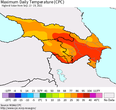 Azerbaijan, Armenia and Georgia Maximum Daily Temperature (CPC) Thematic Map For 9/13/2021 - 9/19/2021