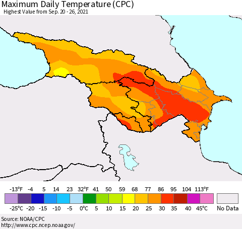 Azerbaijan, Armenia and Georgia Maximum Daily Temperature (CPC) Thematic Map For 9/20/2021 - 9/26/2021