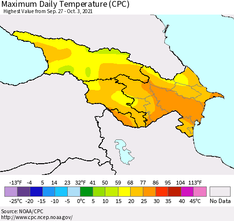 Azerbaijan, Armenia and Georgia Maximum Daily Temperature (CPC) Thematic Map For 9/27/2021 - 10/3/2021