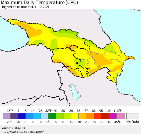 Azerbaijan, Armenia and Georgia Maximum Daily Temperature (CPC) Thematic Map For 10/4/2021 - 10/10/2021