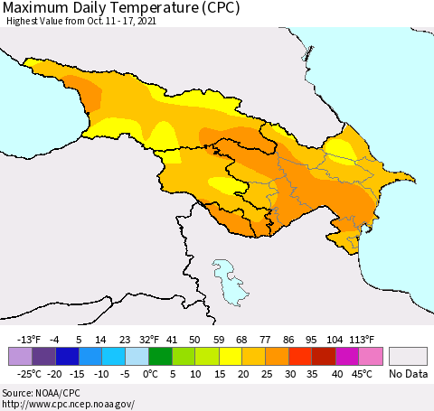 Azerbaijan, Armenia and Georgia Maximum Daily Temperature (CPC) Thematic Map For 10/11/2021 - 10/17/2021