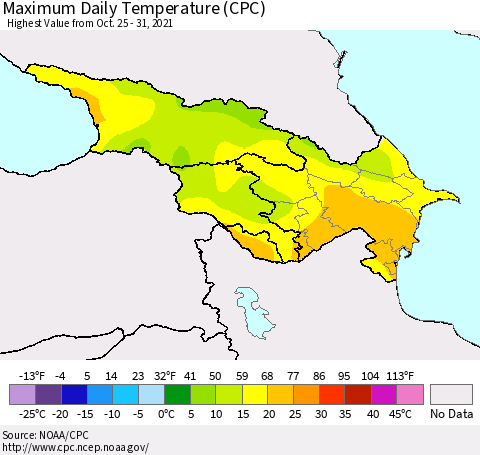 Azerbaijan, Armenia and Georgia Maximum Daily Temperature (CPC) Thematic Map For 10/25/2021 - 10/31/2021