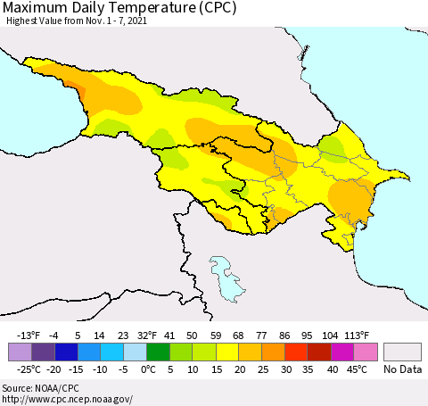 Azerbaijan, Armenia and Georgia Maximum Daily Temperature (CPC) Thematic Map For 11/1/2021 - 11/7/2021