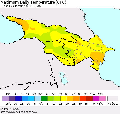 Azerbaijan, Armenia and Georgia Maximum Daily Temperature (CPC) Thematic Map For 11/8/2021 - 11/14/2021
