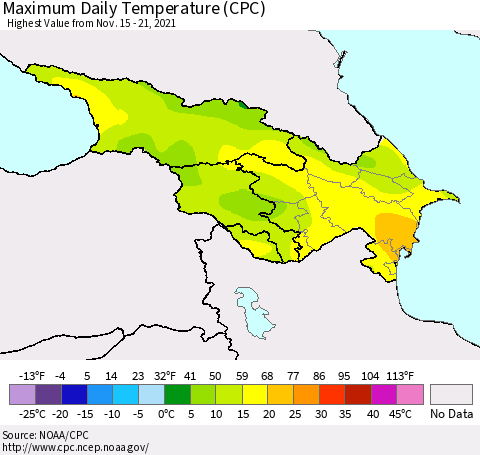 Azerbaijan, Armenia and Georgia Maximum Daily Temperature (CPC) Thematic Map For 11/15/2021 - 11/21/2021