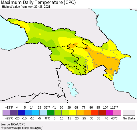 Azerbaijan, Armenia and Georgia Maximum Daily Temperature (CPC) Thematic Map For 11/22/2021 - 11/28/2021