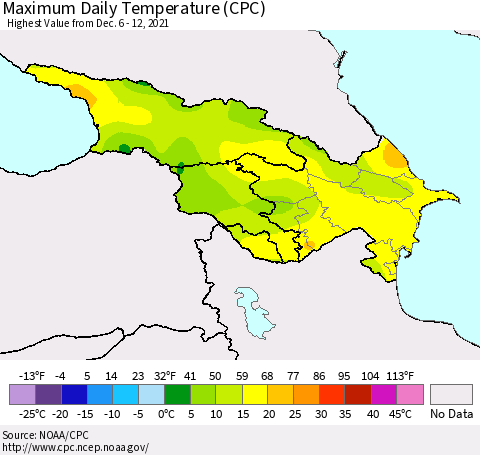 Azerbaijan, Armenia and Georgia Maximum Daily Temperature (CPC) Thematic Map For 12/6/2021 - 12/12/2021