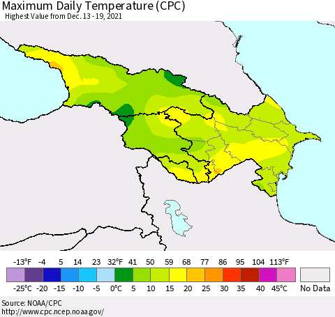 Azerbaijan, Armenia and Georgia Maximum Daily Temperature (CPC) Thematic Map For 12/13/2021 - 12/19/2021
