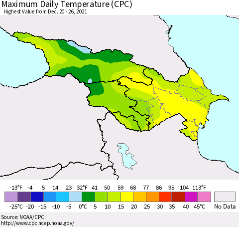 Azerbaijan, Armenia and Georgia Maximum Daily Temperature (CPC) Thematic Map For 12/20/2021 - 12/26/2021