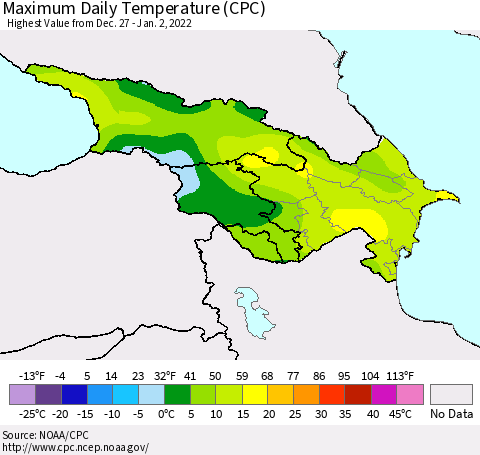 Azerbaijan, Armenia and Georgia Maximum Daily Temperature (CPC) Thematic Map For 12/27/2021 - 1/2/2022