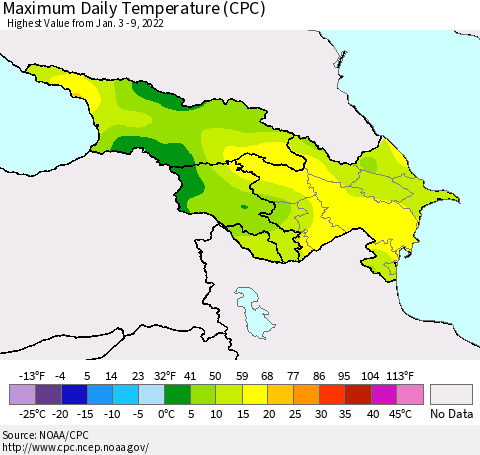 Azerbaijan, Armenia and Georgia Maximum Daily Temperature (CPC) Thematic Map For 1/3/2022 - 1/9/2022