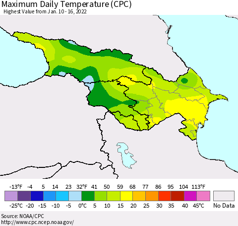 Azerbaijan, Armenia and Georgia Maximum Daily Temperature (CPC) Thematic Map For 1/10/2022 - 1/16/2022