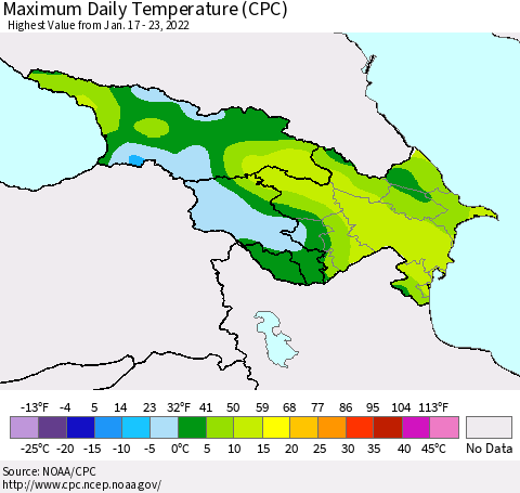 Azerbaijan, Armenia and Georgia Maximum Daily Temperature (CPC) Thematic Map For 1/17/2022 - 1/23/2022