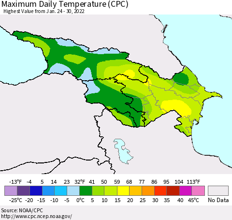Azerbaijan, Armenia and Georgia Maximum Daily Temperature (CPC) Thematic Map For 1/24/2022 - 1/30/2022