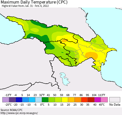 Azerbaijan, Armenia and Georgia Maximum Daily Temperature (CPC) Thematic Map For 1/31/2022 - 2/6/2022