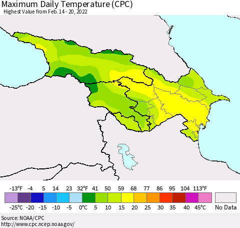 Azerbaijan, Armenia and Georgia Maximum Daily Temperature (CPC) Thematic Map For 2/14/2022 - 2/20/2022