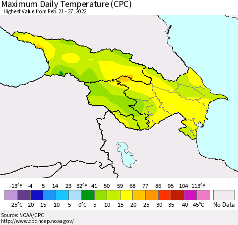 Azerbaijan, Armenia and Georgia Maximum Daily Temperature (CPC) Thematic Map For 2/21/2022 - 2/27/2022