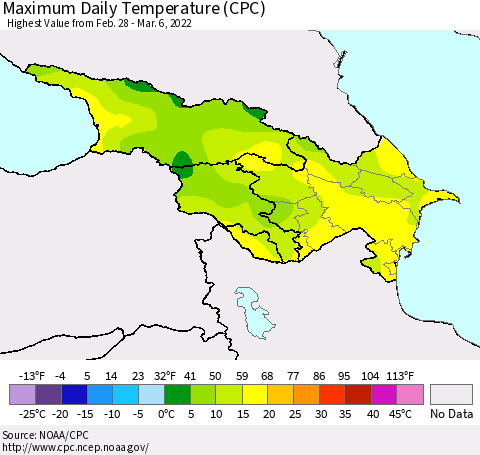 Azerbaijan, Armenia and Georgia Maximum Daily Temperature (CPC) Thematic Map For 2/28/2022 - 3/6/2022