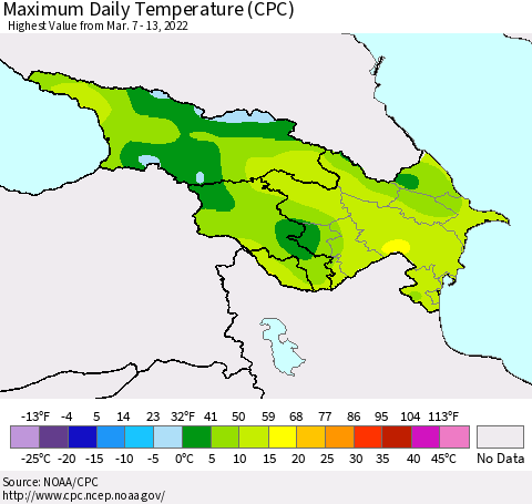 Azerbaijan, Armenia and Georgia Maximum Daily Temperature (CPC) Thematic Map For 3/7/2022 - 3/13/2022
