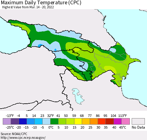 Azerbaijan, Armenia and Georgia Maximum Daily Temperature (CPC) Thematic Map For 3/14/2022 - 3/20/2022