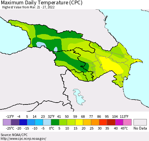 Azerbaijan, Armenia and Georgia Maximum Daily Temperature (CPC) Thematic Map For 3/21/2022 - 3/27/2022