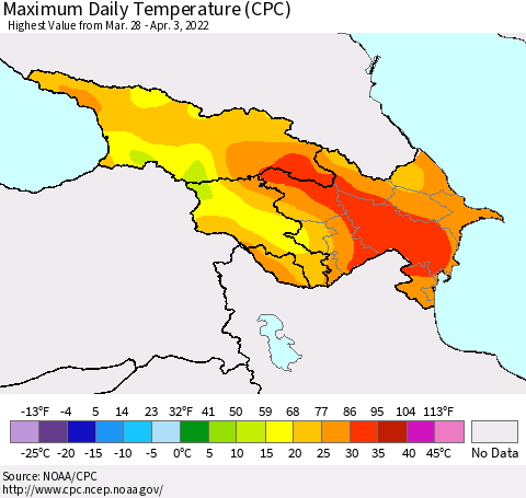 Azerbaijan, Armenia and Georgia Maximum Daily Temperature (CPC) Thematic Map For 3/28/2022 - 4/3/2022