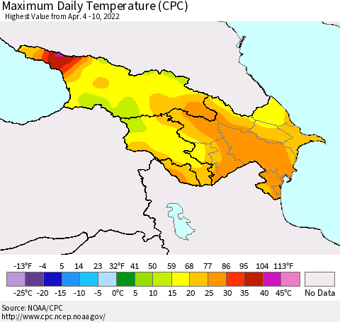 Azerbaijan, Armenia and Georgia Maximum Daily Temperature (CPC) Thematic Map For 4/4/2022 - 4/10/2022