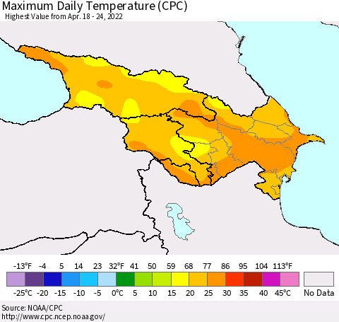 Azerbaijan, Armenia and Georgia Maximum Daily Temperature (CPC) Thematic Map For 4/18/2022 - 4/24/2022