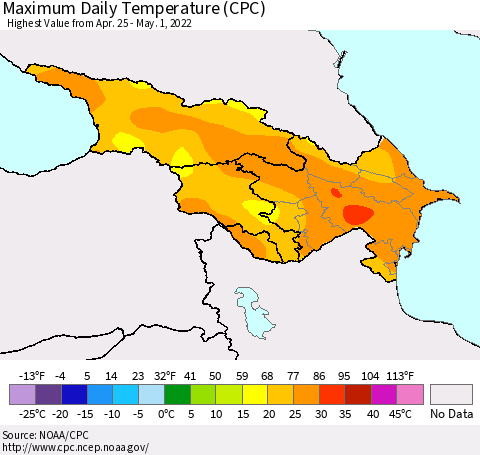 Azerbaijan, Armenia and Georgia Maximum Daily Temperature (CPC) Thematic Map For 4/25/2022 - 5/1/2022