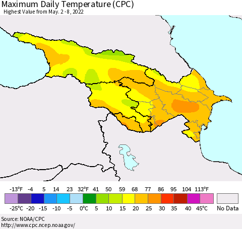 Azerbaijan, Armenia and Georgia Maximum Daily Temperature (CPC) Thematic Map For 5/2/2022 - 5/8/2022