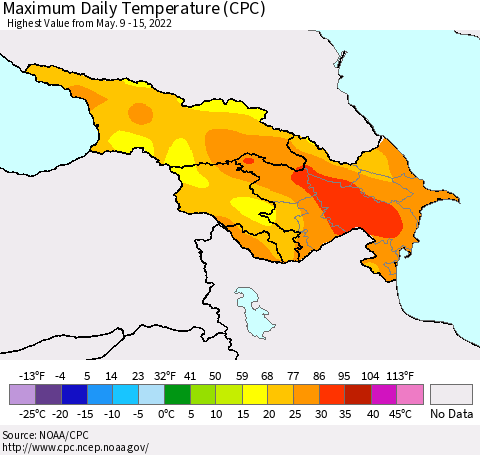 Azerbaijan, Armenia and Georgia Maximum Daily Temperature (CPC) Thematic Map For 5/9/2022 - 5/15/2022