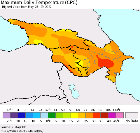 Azerbaijan, Armenia and Georgia Maximum Daily Temperature (CPC) Thematic Map For 5/23/2022 - 5/29/2022