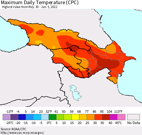 Azerbaijan, Armenia and Georgia Maximum Daily Temperature (CPC) Thematic Map For 5/30/2022 - 6/5/2022