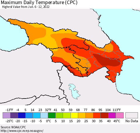 Azerbaijan, Armenia and Georgia Maximum Daily Temperature (CPC) Thematic Map For 6/6/2022 - 6/12/2022