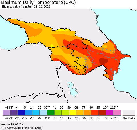 Azerbaijan, Armenia and Georgia Maximum Daily Temperature (CPC) Thematic Map For 6/13/2022 - 6/19/2022