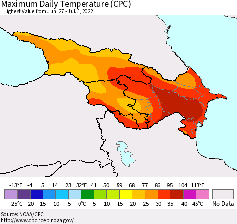 Azerbaijan, Armenia and Georgia Maximum Daily Temperature (CPC) Thematic Map For 6/27/2022 - 7/3/2022
