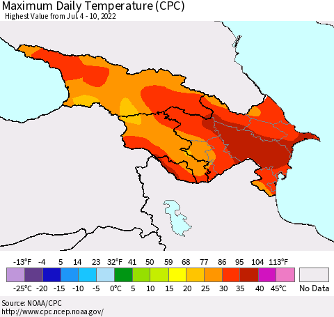 Azerbaijan, Armenia and Georgia Maximum Daily Temperature (CPC) Thematic Map For 7/4/2022 - 7/10/2022