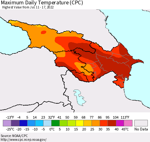 Azerbaijan, Armenia and Georgia Maximum Daily Temperature (CPC) Thematic Map For 7/11/2022 - 7/17/2022