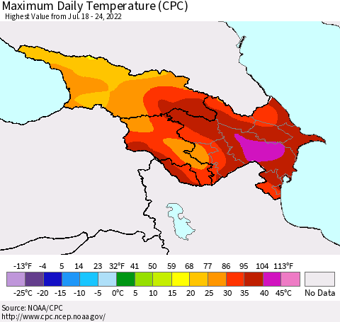 Azerbaijan, Armenia and Georgia Maximum Daily Temperature (CPC) Thematic Map For 7/18/2022 - 7/24/2022