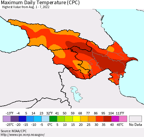 Azerbaijan, Armenia and Georgia Maximum Daily Temperature (CPC) Thematic Map For 8/1/2022 - 8/7/2022